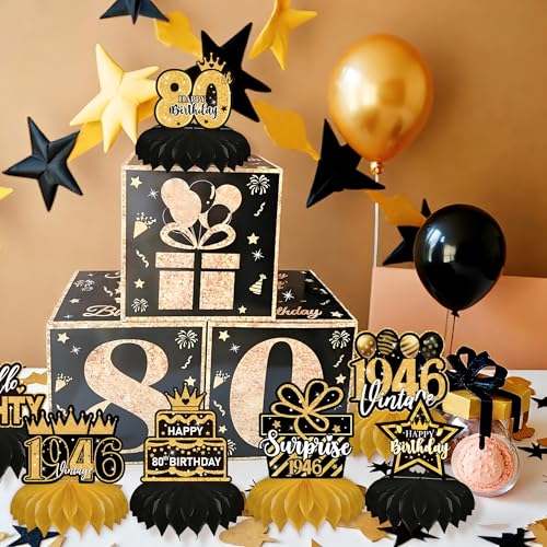 80th Birthday Decorations - 9-Piece Black & Gold Honeycomb Centerpieces