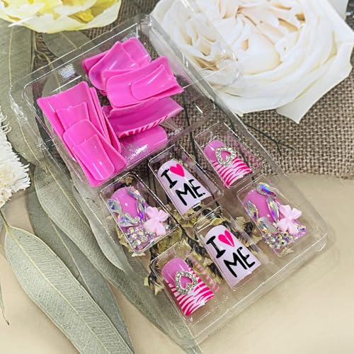Press On Nails Duck Shaped Full Cover Acrylic Fake Nails with Charms & Designs - Medium, Glittery, for Women & Girls, Variation: Heart Bow Rhinestone & Letter