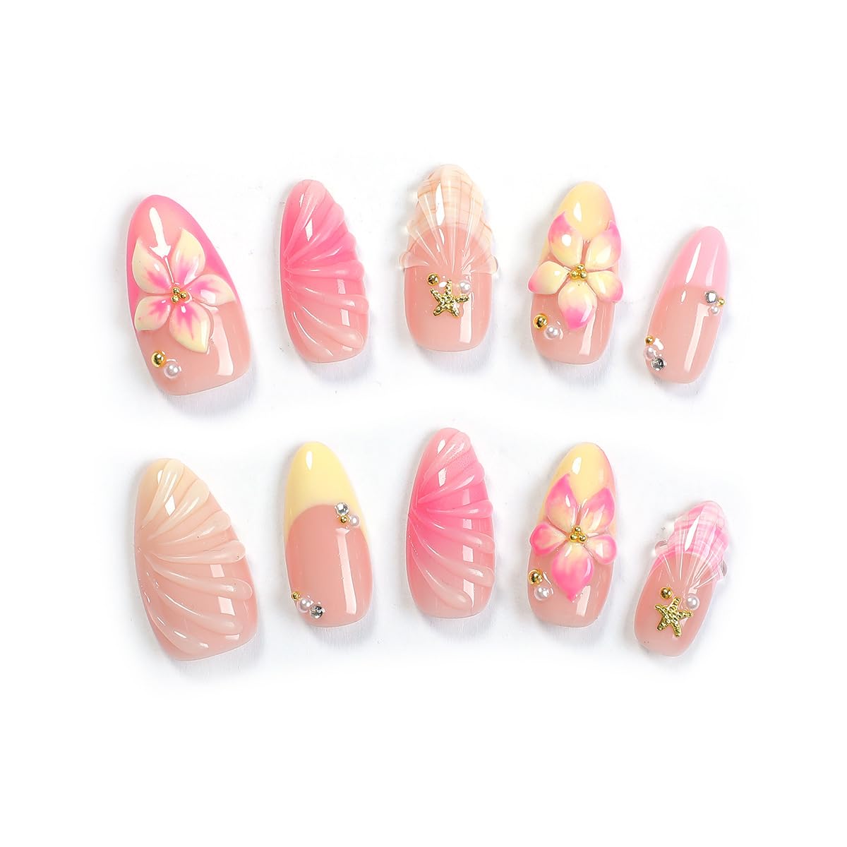 Medium Almond French Tip Press-On Nails - 3D Hibiscus & Gold Starfish Design | 24 Pcs Glossy Summer Acrylics