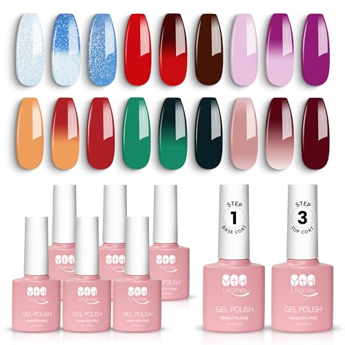 Thermal Color Changing Gel Nail Polish Set with Base & Top Coat - 8pcs, Long-Lasting UV LED Manicure Kit