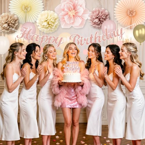 Boho Pink Birthday Decorations Set with Gold Balloons & Banner