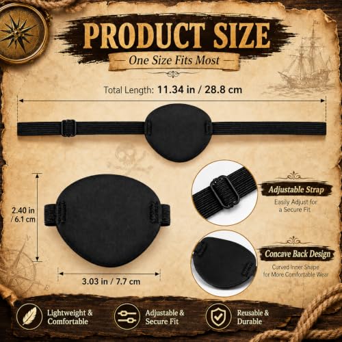 Adult Black Eye Patch for Costumes & Focus, Adjustable Soft Fabric