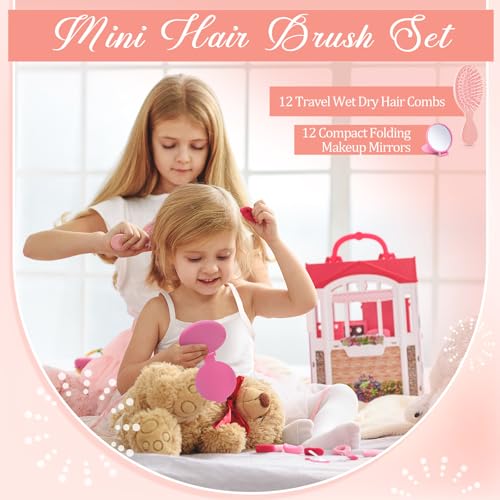 Pink 24 Pcs Mini Detangling Hair Brush & Compact Mirror Set for Spa & Travel