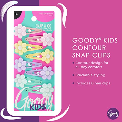 GOODY Kids Mini Epoxy Contour Snap Clips with Daisy Charm - Pack of 8 Hair Accessories for Girls & Women