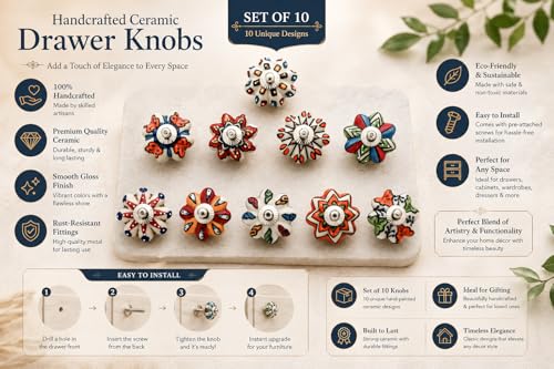 Set of 10 Vintage Ceramic Cabinet Knobs with Chrome Hardware