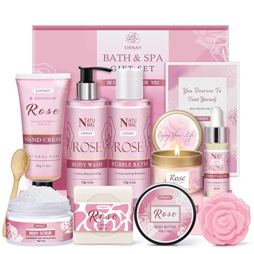 EIRNAY 12-Piece Rose Scented Spa Gift Set for Women - Self Care Bath Kit