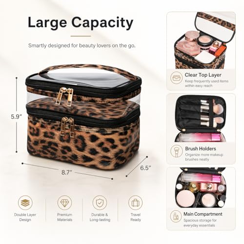 Double-layer Cosmetic Bag Makeup Bag Travel Makeup Bag Makeup Bags for Women Cosmetics Cases Portable Waterproof Foldable (Leopard)