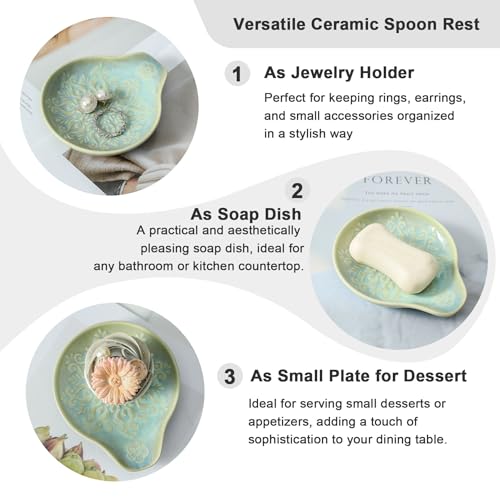Farmhouse Ceramic Spoon Rest Holder for Kitchen Countertop - Green