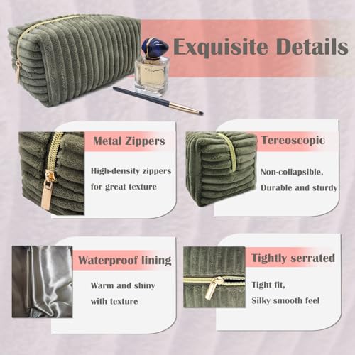 Green Corduroy Makeup Bag for Women Travel Toiletry Organizer - Kornnapa