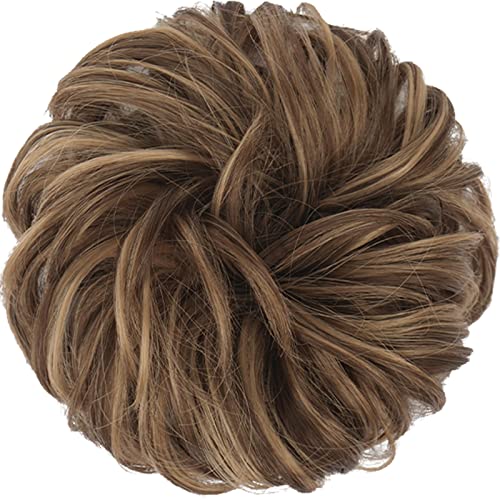 FESHFEN Large Messy Bun Hair Piece - Wavy Synthetic Chignon for Women, Brown Mixed Honey Blonde, 1.94oz, Variation 22H10#