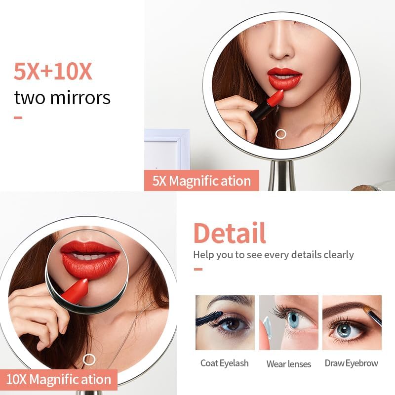 Lighted Round Makeup Vanity Mirror - 5X/10X Dual Magnification, Rechargeable & Touch Control | Ultra Bright LED, Brushed Stainless Steel
