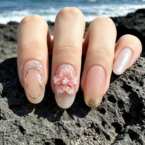 Short Oval Press on Nails - Nude Pink with 3D Floral Embellishments (S)