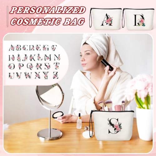 Personalized Floral Initial Makeup Bag for Women - Travel Cosmetic Pouch, White