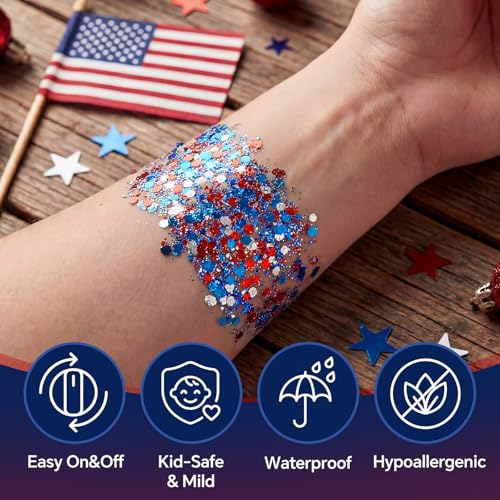 LYRADEW Patriotic Flag Body Glitter Stick for 4th of July - Red, White & Blue