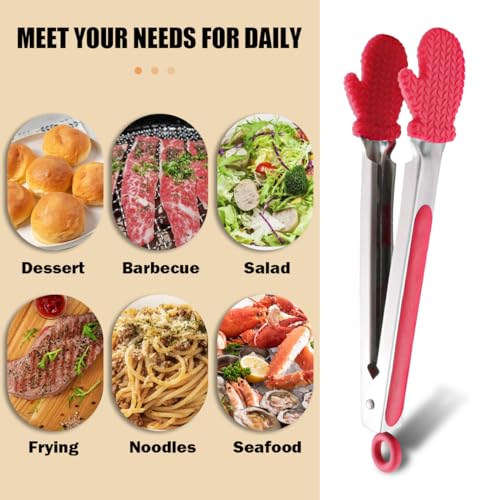 DOERDO Silicone Kitchen Tongs with Stainless Steel Tips - 9.8 Inch