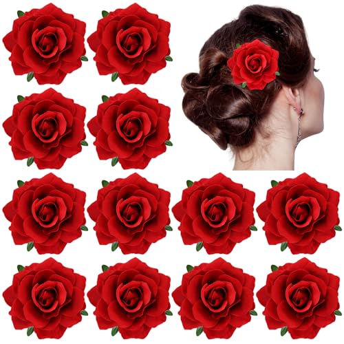 Dizila 12 Pack Red Rose Flower Hair Clips and Brooch Pins for Weddings