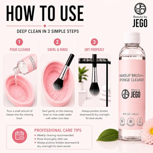 JEGO Makeup Brush Cleaner - Hypoallergenic Liquid Cleanser, 16 Oz (Pack of 2)