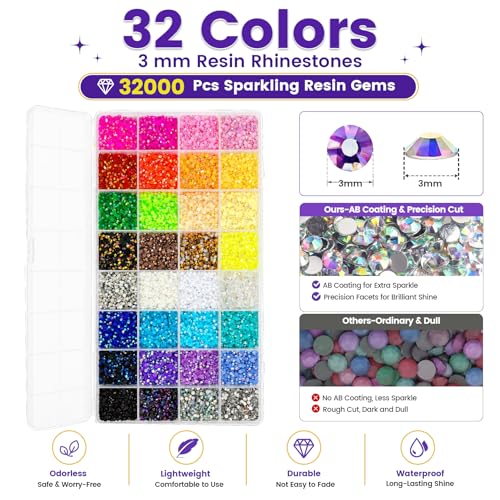 32 Colors 32000 Pcs Flatback Rhinestones Kit with Glue & Tools