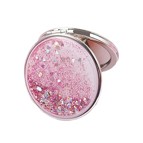 Mini Quicksand Glitter Compact Mirror 2.8" - Pink Double-Sided