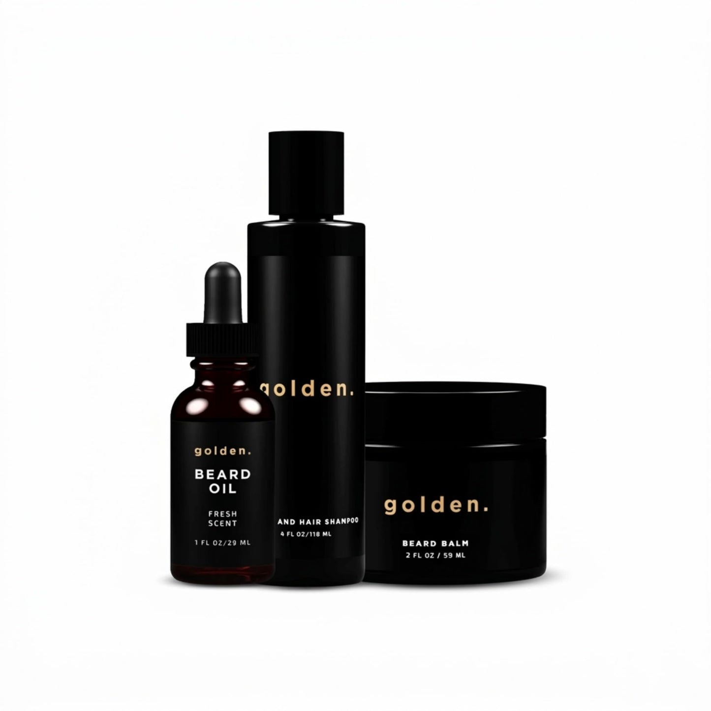 Golden Grooming Beard Bundle (Regular Starter Kit) 4oz Shampoo, 2oz Balm, 1oz Oil - Fresh