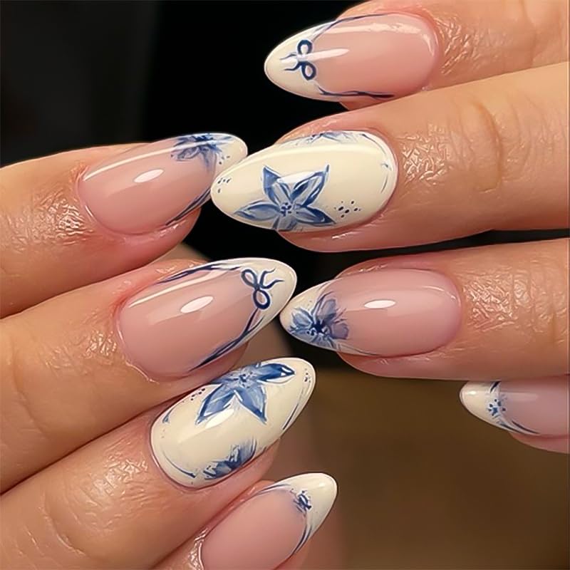 Cat Eye French Tip Press-On Nails - Nude & Pink Short Almond | Reusable Glue-On Nails with Gold Line for Weddings & Parties