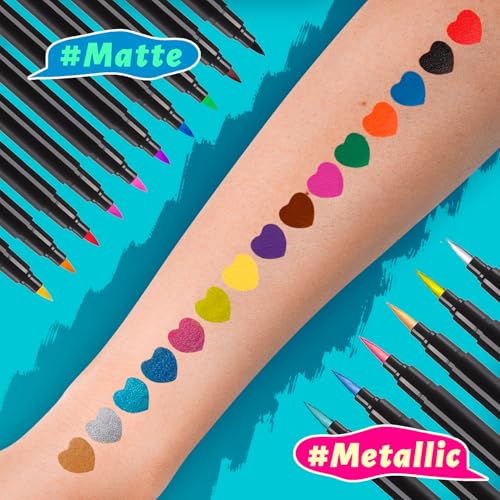 CORALMEE 16Pcs Dual-Tip Temporary Tattoo Markers Kit with 43 Stencils & 50 Stickers