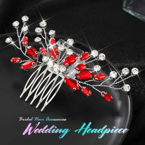 Unicra Red Bridal Crystal Hair Comb Wedding Hair Accessory for Women - Sparkly Rhinestone Headpiece - Handmade