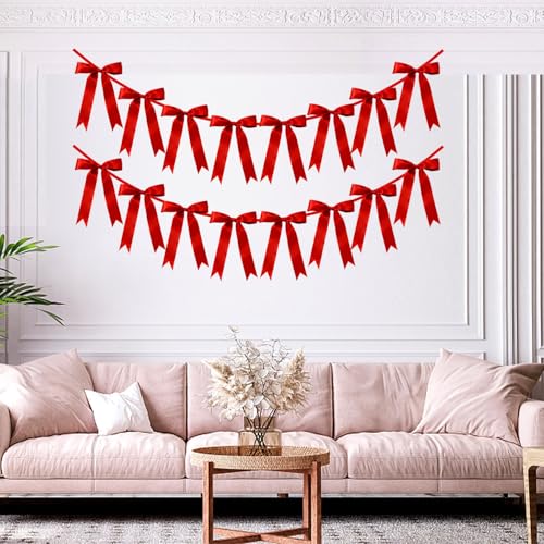 Red Bow Garland Banner Decoration - 6.7FT Pre-Strung Satin Ribbons