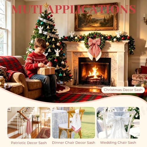 Layered Wreath Sash Set - White Scalloped & Red Buffalo Plaid