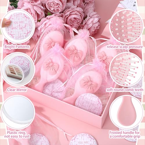 Wonderjune 12 Pink Bow Compact Mirrors & Mini Hair Brushes Set