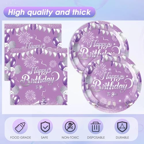 Purple Birthday Decorations Set for 20 – Elegant Tableware with Plates, Napkins & Tablecloth