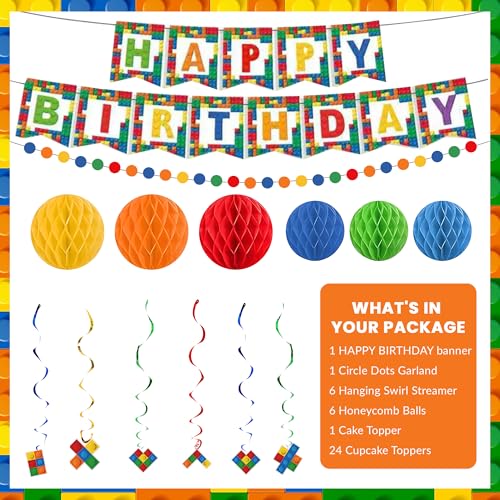 Building Block Birthday Party Decorations Set - 20pcs Banner & Cupcake Toppers