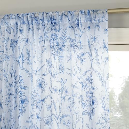 No. 918 Ambree Vintage Floral Sheer Curtain Panel - 51" x 63" Chinoiserie Blue