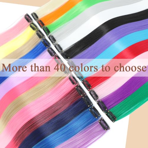 12 Pcs Pink Clip-In Hair Extensions for Girls - 22 Inch Straight Highlights
