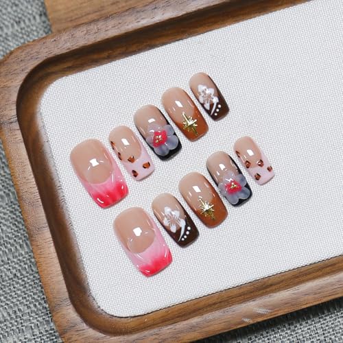 Reusable Handmade Medium Square Press-On Nails O901 / M - Salon Quality, French Tip & 3D Decor