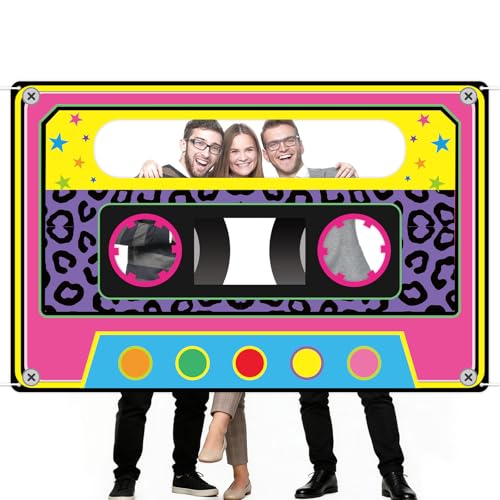 Retro 80s 90s Photo Booth Backdrop - Neon Cassette Tape 71x46