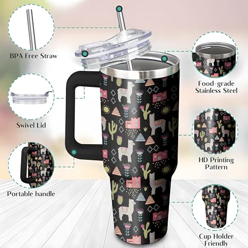 40 Oz Stainless Steel Llama Tumbler with Handle & Straw