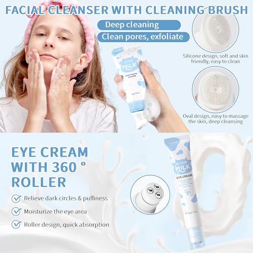 MIZEEYE 4Pcs Milk Skin Care Set for Teens - Cleanser, Serum, Cream & Eye Cream