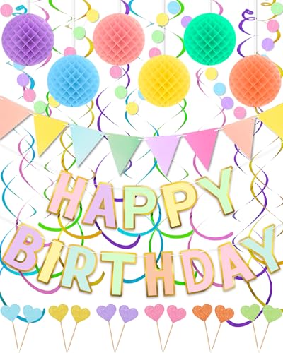 Colorful Happy Birthday Party Decorations Set - Banner & Swirls