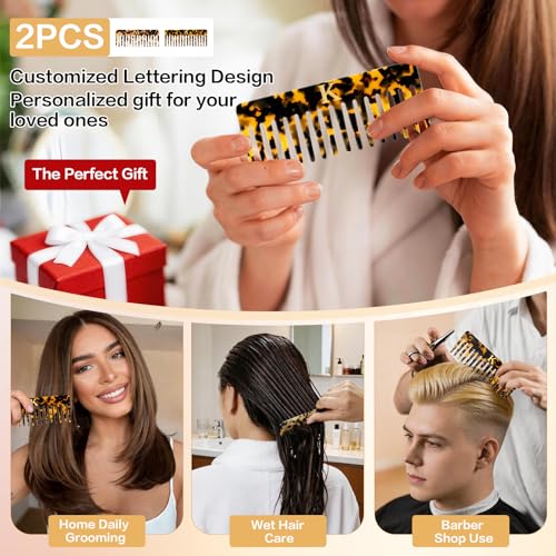 Auseibeely 2 Pack Large Wide Tooth Hair Comb with Initial K - Tortoise Cellulose Acetate, Detangler for Thick Curly Wet & Dry Hair