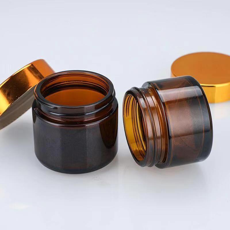 YORROR 2oz Amber Glass Cream Jar with Silver or Gold Lid - Travel-friendly, Refillable Cosmetic Container