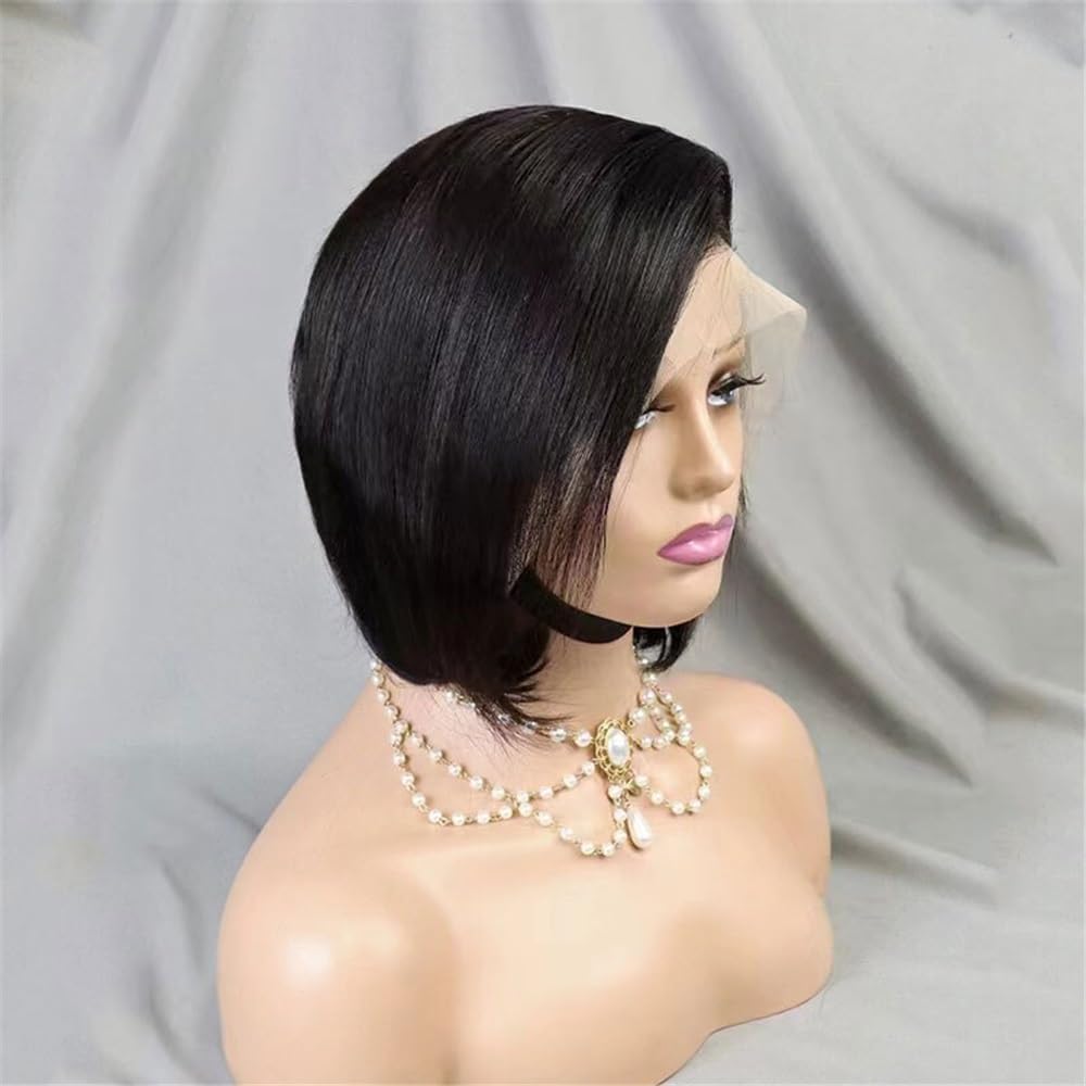 Veltronix Breathable Lightweight Glueless Short Bob Real Human Hair Lace Front Wig Frontal Pixie Style Natural Black Look for Daily Use