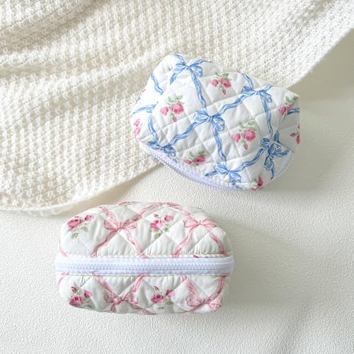 Blue Bow Small Floral Makeup Bag for Purse, Quilted Cosmetic Zipper Pouch