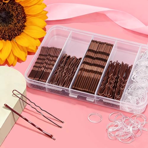 300PCS Hair Styling Kit: Brown Bobby Pins, Hair Pins & Bands