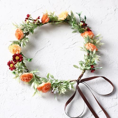 Orange Rose Flower Crown - Boho Floral Headband for Women