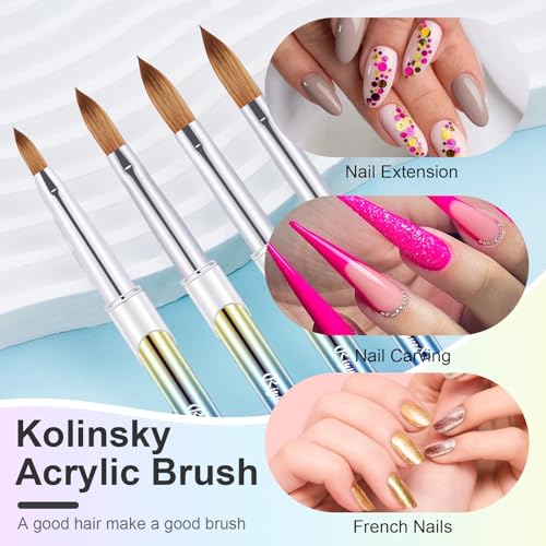 Kolinsky Nail Brush Set - 4PCS Acrylic Nail Art Brushes (Sizes 6/8/12/16)