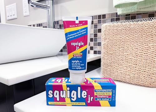 Squigle Jr Kids Raspberry Fluoride-Free Toothpaste 3.4oz – Xylitol, Low Foam, Gentle Oral Care