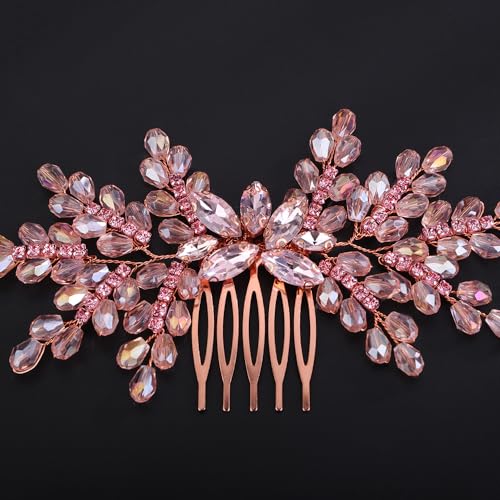Teyglen Pink Rhinestone Crystal Wedding Hair Comb for Bridal Prom
