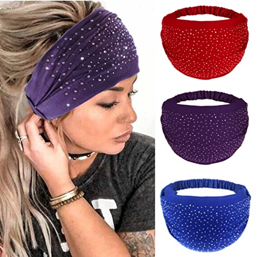 CAKURE Crystal Wide Headbands for Women - 3 Pack Rhinestone Boho Hair Wraps