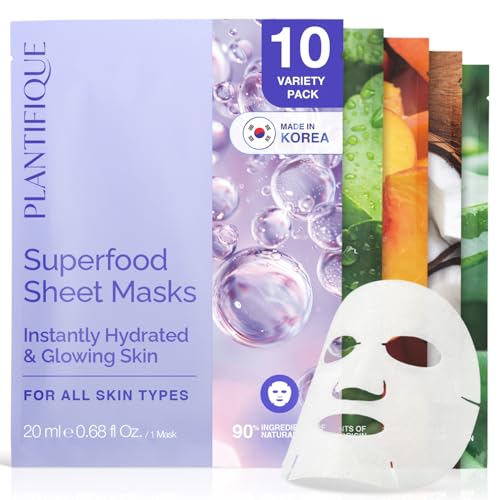 PLANTIFIQUE Korean Face Sheet Mask Variety Pack - Hydrate, Calm, Brighten, 10 Masks